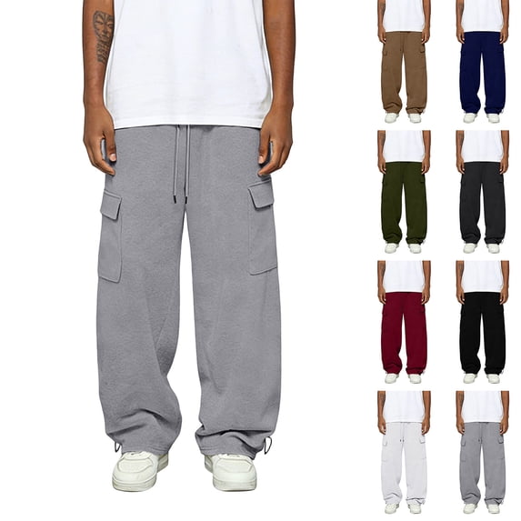 Mens Wide Leg Cargo Baggy Sweatpants Casual Solid Color Wide Leg Pants with Adjustable Ankle Drawstring