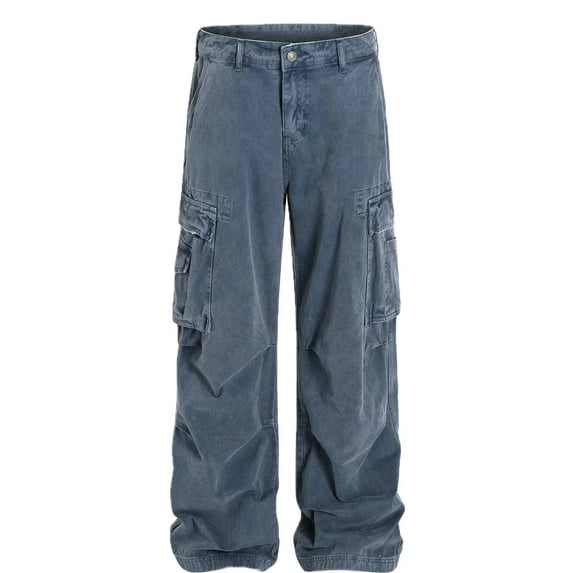 Mens Wide Leg Cargo Jeans with Deep Side Pockets 100 Percent Cotton Durable Casual Relaxed Fit Everyday Versatile Pants