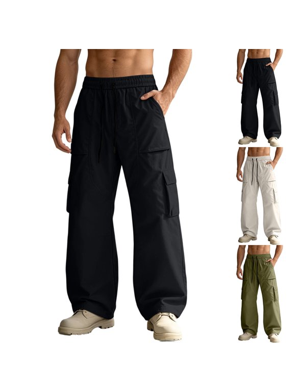 Mens Wide Leg Cargo Pants Sevevn Black Drawstring Elastic Waist Curved Seam Patch Pockets Side Pockets Baggy Woven Trousers for Streetwear Casual Daily Wear