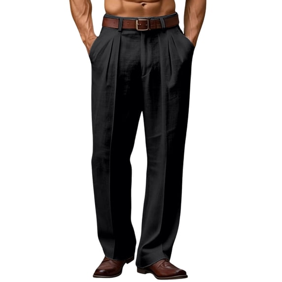 Mens Wide Leg Dressy Pants Relaxed Fit Fashion Vintage Work Trousers Linen Pleated Baggy Slacks (No Belt) Black 3XL