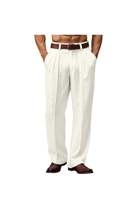 Mens Wide Leg Dressy Pants Relaxed Fit Fashion Vintage Work Trousers Linen Pleated Baggy Slacks (No Belt) Light Gray M