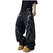 Mrmall Mens Wide Leg Jeans Loose Fit Vintage Y2K Lightning Print Denim Jeans Streetwear