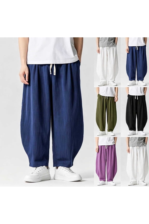 Mens Wide Leg Linen Harem Pants Japanese Loose Fit Pants Casual Elastic Waist Trouser Big and Tall Size M-5XL White