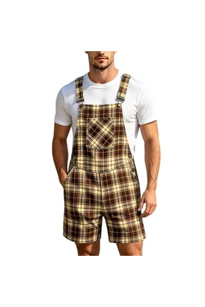 Mens Wide Leg Pants British Pattern Flannel Plaid Striped Overall Jumpsuit Overalls Pants