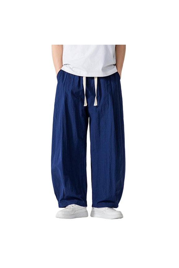 Mens Wide Leg Pants Drawstring Elastic Waistband Solid Color Casual Pants Versatile Straight Leg Trousers Chino Pants with Zipper Pants