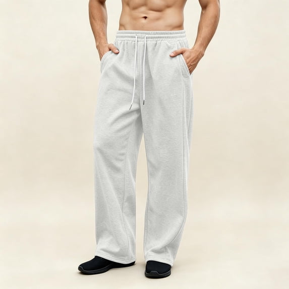 Mens Wide Leg Sweatpants Drawstring Elastic Waist Loose Open Bottom Casual Soft Pants Straight Leg Uncuffed Lounge Athletic Workout Street Sweat Pants with Pockets