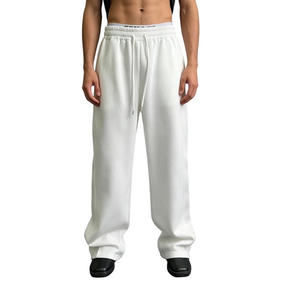 Mens Wide Leg Sweatpants Drawstring Waist Flowy Baggy Pants Casual Streetwear White M