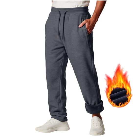Mens Wide Leg Sweatpants Fleece Drawstring Elastic Waist Joggers with Zip Pockets Warm Winter Solid Color Workout Casual Lounge Pants