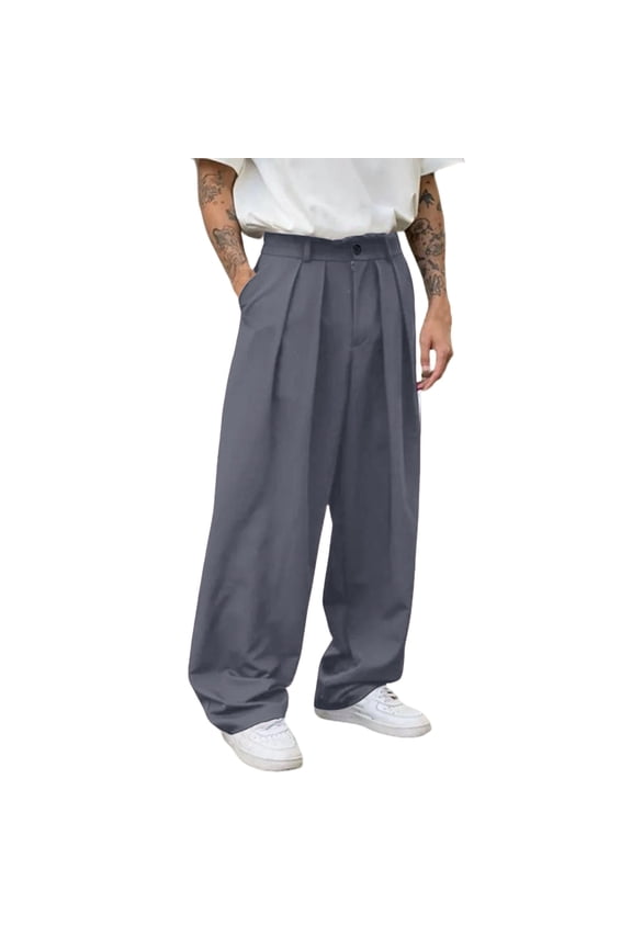 Mens Wide Leg Trousers Loose Fit Pleated Front Casual Pants Relaxed Fit Straight Leg Trousers for Daily Wear