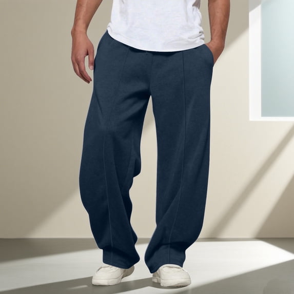 Mens Wide Pants Casual Loose Fit Straight Sweatpants Elastic Waist Drawstring Baggy Pants Navy L