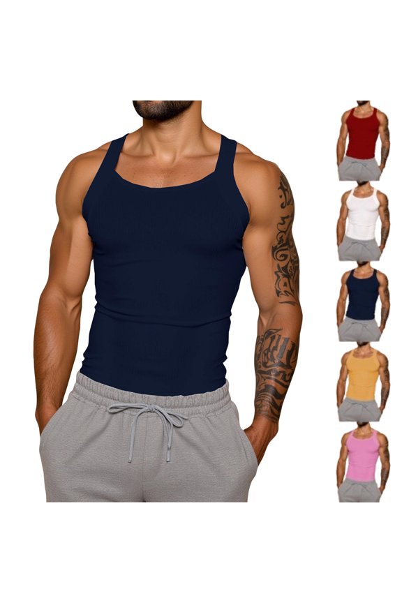 Mens Wide Strap Tank Top Sleeveless Muscle Fit T-Shirt Cotton Ribbed Round Neck Solid Color Gym Training Daily Wear Vest, #03 Navy, XXL