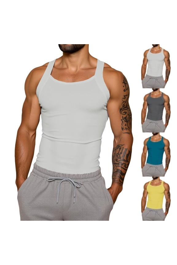 Mens Wide Strap Tank Top Sleeveless Ribbed Tee Round Neck Stretchy Cotton Muscle Fit Gym Training Daily Wear Shirt, #01 Light Gray, L