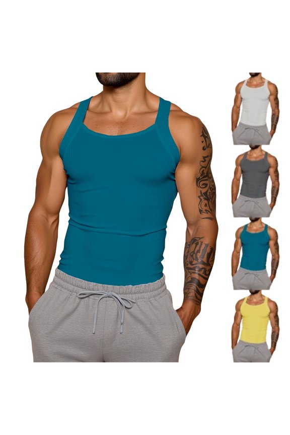 Mens Wide Strap Tank Top Sleeveless Ribbed Tee Round Neck Stretchy Cotton Muscle Fit Gym Training Daily Wear Shirt, #01 Turquoise, XXL