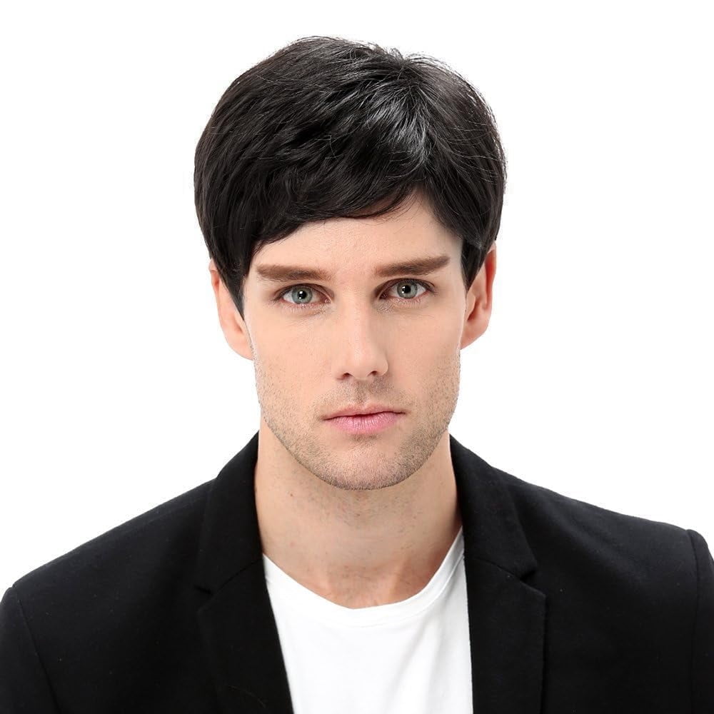 Mens Wigs Human Hair Short Hair Mens Wig Straight 100% Remy Human Hair with Bangs Realistic Hair Full Wigs for Men with Free Cap (Natural Black)