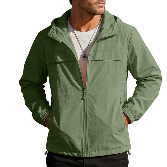 Mens Windbreak Lightweight Sun Protection Running Jackets with Zip Pocket, Workout Track Hoodie Athletic Gym Sweatshirts Men Army Green