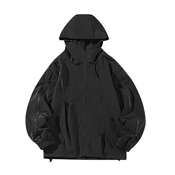 Mens Windbreaker Casual Loose Fitting Long Sleeved Zippered Hooded Jacket Black 4XL Zip Front Windbreaker Jacket