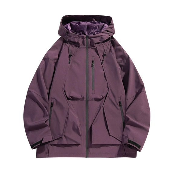 Mens Windbreaker Fashion Casual Solid Color Pockets Zipper Jacket Long Sleeve Hooded Casual Outwear Coat Purple M Zip Front Windbreaker Jacket