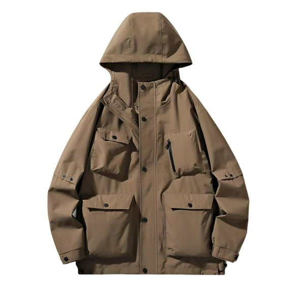 Mens Windbreaker Fashion Solid Color Outdoor Hiking Long Sleeve Hooded Casual Outwear Jackets Zip Front Windbreaker Jacket Coffee L