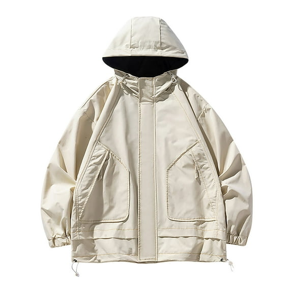 Mens Windbreaker Jacket Outdoor Hooded Coat Wear Long Sleeve Hooded Casual Outwear & Jackets Beige 2XL Zip Front Windbreaker Jacket
