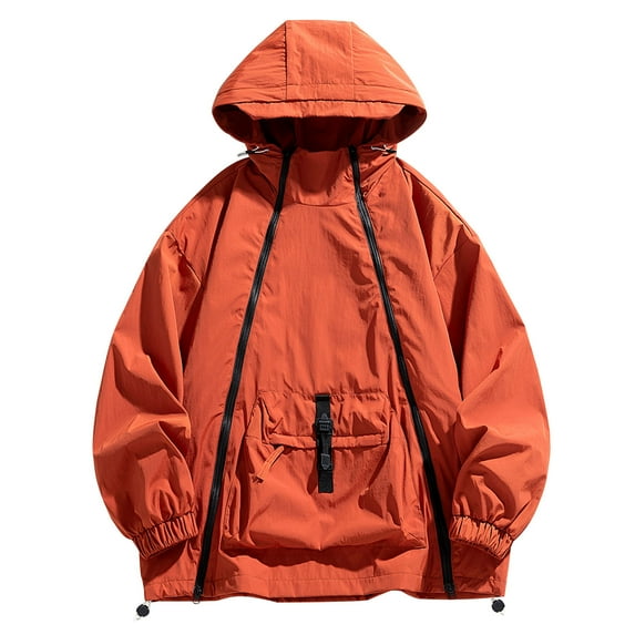 Mens Windbreaker Jackets Fashion Long Sleeves Hooded Solid Zipper Outdoor Workwear Trench Coat Windbreaker Jackets for Men Red XL