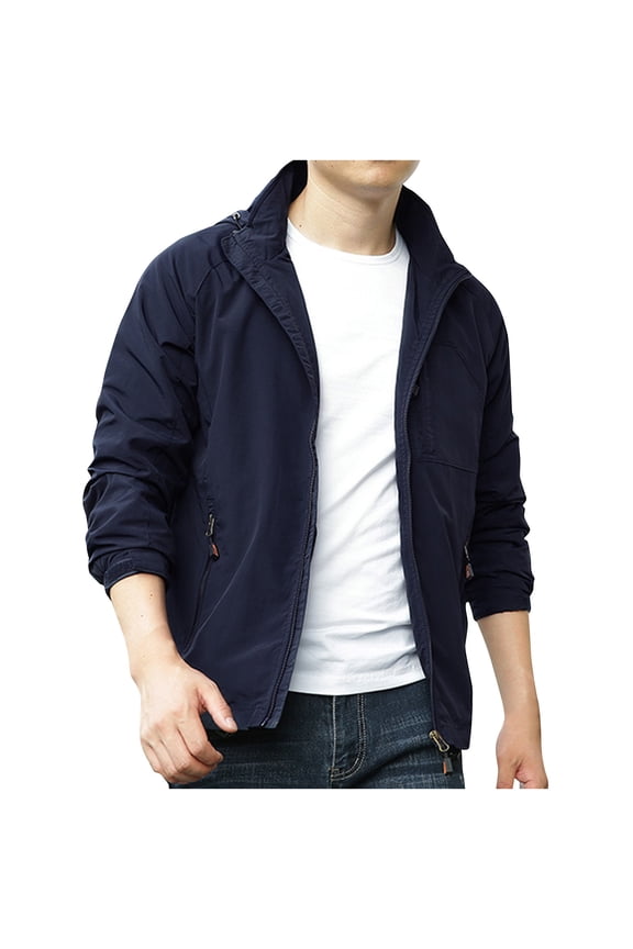 Mens Windbreaker Jackets Solid Color Outdoor Water Proofing Pocket Zipper Long Sleeved Detachable Hooded Jacket Windbreaker Jackets for Men Dark Blue XL