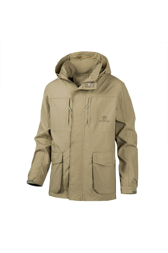 Mens Windbreaker Jackets Suit Hooded Coat Youth Outdoor Sports Wear Long Windbreaker Middle-aged Business Casual Jacket Windbreaker Jackets for Men Khaki 3XL