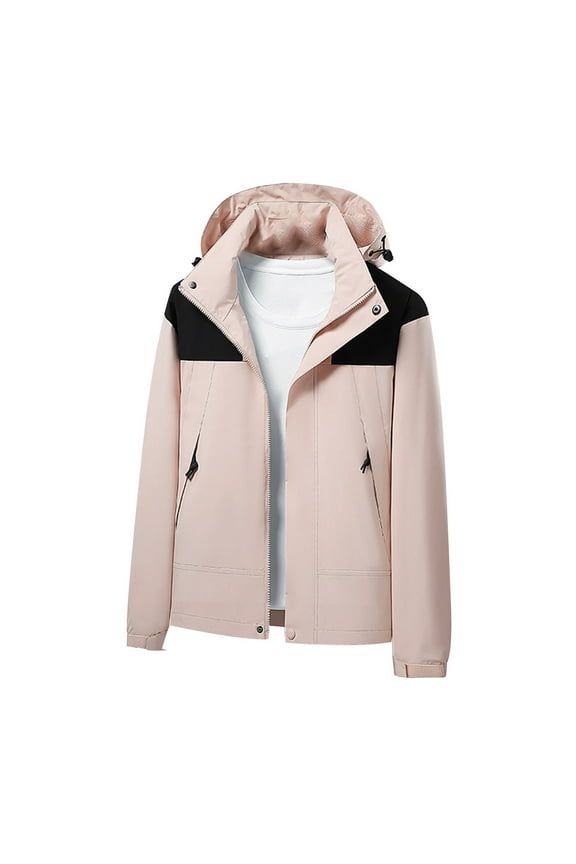 Mens Windbreaker Jackets Three-in-one Splice Solid Color Outdoors Mountaineering Wearproof Warm Zipper Multi-pocket Fleece Lnner Lap Coat Long Sleeve Jacket Pink XL Windbreaker Jackets for Men