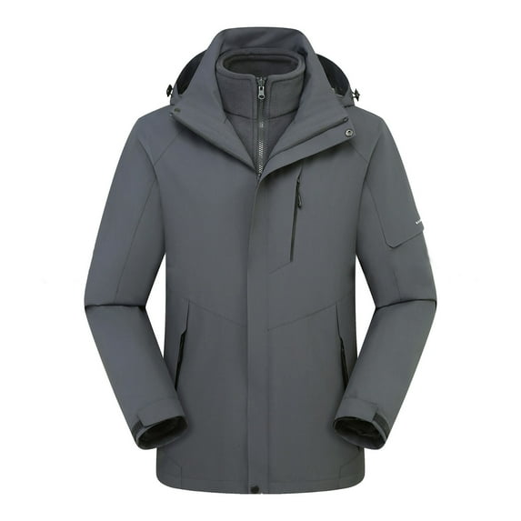 Mens Windbreaker Jackets Unisex Hooded Long Sleeve Solid Winter Outdoor Hardshell Two Piece Three-in-one Detachable Hiking Wear Coat Windbreaker Front-Zip Jacket Gray L