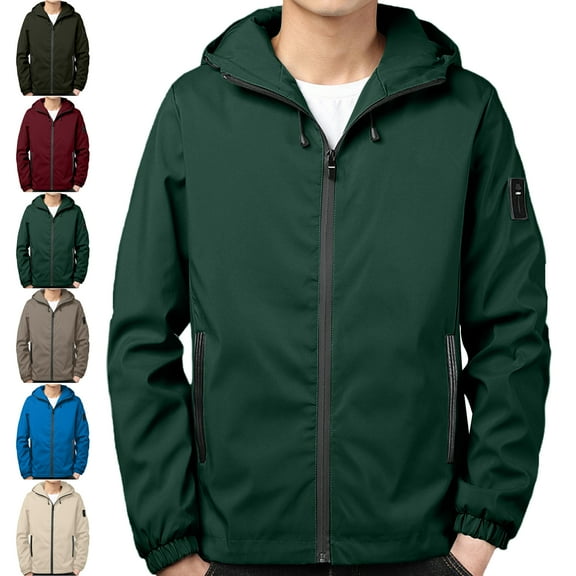 Mens Windbreaker Jackets Windbreaker Front-Zip Jacket Solid Color Zipper Pocket With Velvet Long Sleeved Hooded Casual Jacket Green M