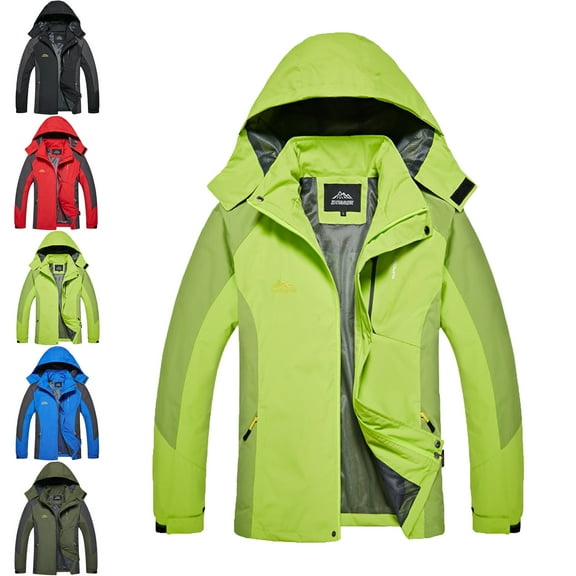 Mens Windbreaker Long Sleeved Pocket Zipper Color Blocked Stand Up Collar Detachable Hooded Outdoor Jacket Green 4XL Windbreakers for Men