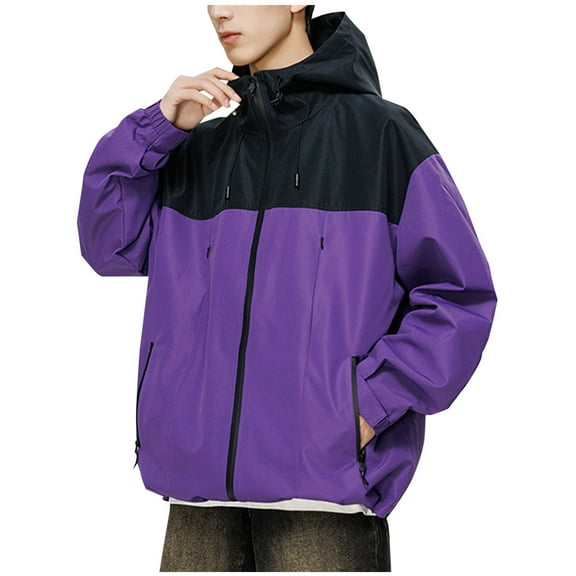 Mens Windbreaker Man Outdoors Work Clothes Interchange Jacket Styles Lovers Leisure Time Motion Hooded Loose Coat Zip Front Windbreaker Jacket Purple XL