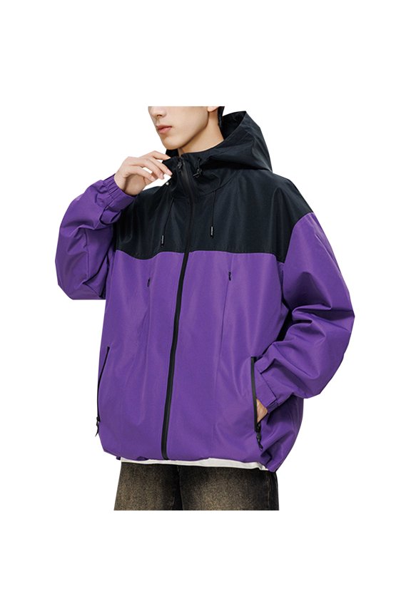 Mens Windbreaker Man Outdoors Work Clothes Interchange Jacket Styles Lovers Leisure Time Motion Hooded Loose Coat Zip Front Windbreaker Jacket Purple XL