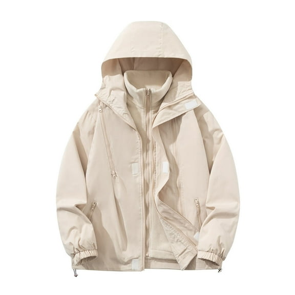 Mens Windbreaker Man Solid Color Water Resistance Drawstring Pockets Hooded Outdoor Jacket Coat Beige 2XL Windbreakers for Men