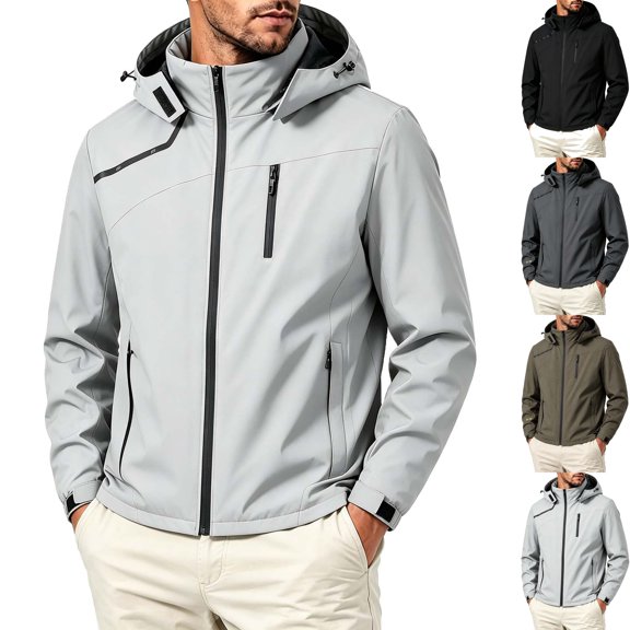 Mens Windbreaker Raincoat Hooded Shell Jacket Water Repellent Coat Warm Shield with Zip Pockets for Travel Work Outdoor Hiking Fall Winter, White, XL