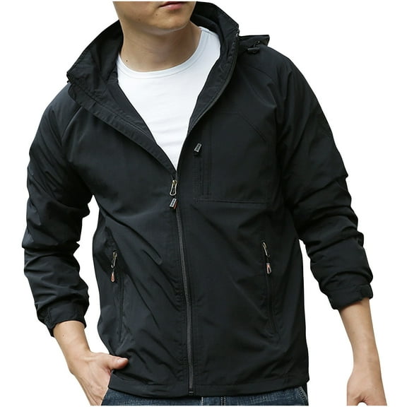Mens Windbreaker Solid Color Outdoor Water Proofing Pocket Zipper Long Sleeved Detachable Hooded Jacket Black 3XL Windbreakers for Men