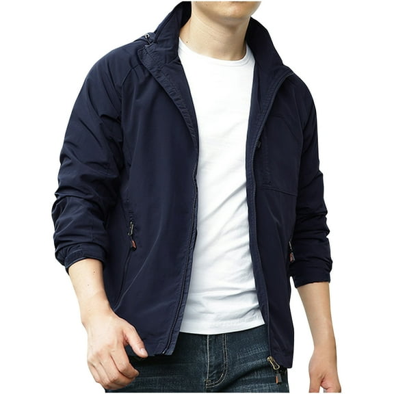 Mens Windbreaker Solid Color Outdoor Water Proofing Pocket Zipper Long Sleeved Detachable Hooded Jacket Dark Blue 2XL Zip Front Windbreaker Jacket