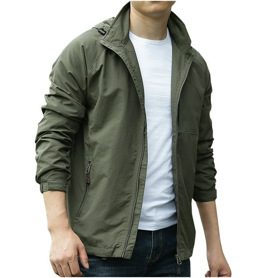 Mens Windbreaker Solid Color Outdoor Water Proofing Pocket Zipper Long Sleeved Detachable Hooded Jacket Zip Front Windbreaker Jacket Army Green L