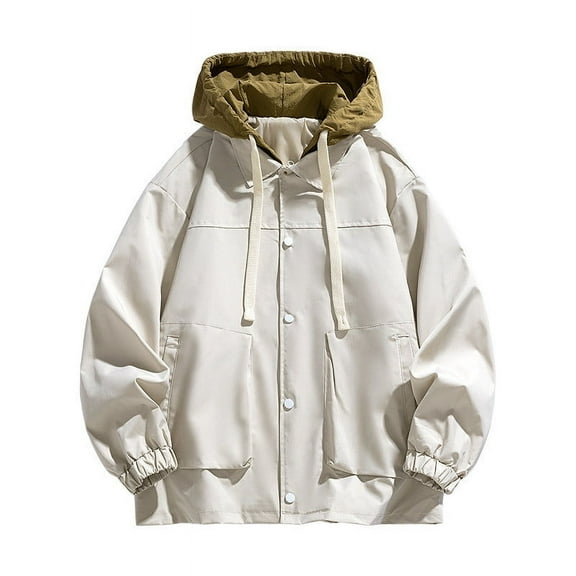 Mens Windbreaker Solid Color Outdoors Mountaineering Wearproof Warm Zipper Multi-pocket Coat Long Sleeve Beige L Windbreakers for Men
