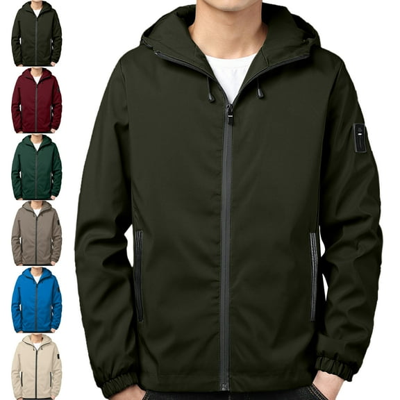 Mens Windbreaker Solid Color Zipper Pocket With Velvet Long Sleeved Hooded Casual Jacket Zip Front Windbreaker Jacket Army Green L