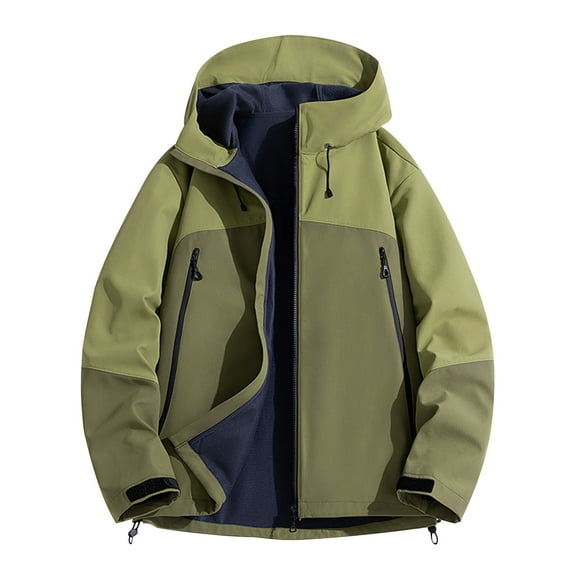 Mens Windbreaker Unisex Long Sleeves Hooded Patchwork Zipper Outdoor Workwear Trench Coat Green 2XL Windbreakers for Men