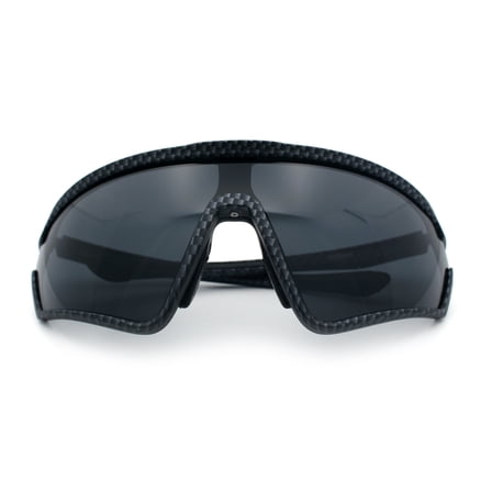 Mens Windbreaker Wrap Around Curved Shield Lens Sport Plastic Sunglasses Carbon Fiber Pattern - Black