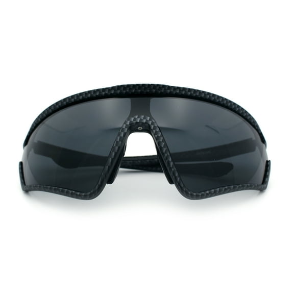 Mens Windbreaker Wrap Around Curved Shield Lens Sport Plastic Sunglasses Carbon Fiber Pattern - Black