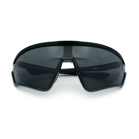 Mens Windbreaker Wrap Around Curved Shield Lens Sport Plastic Sunglasses Shiny Black - Black
