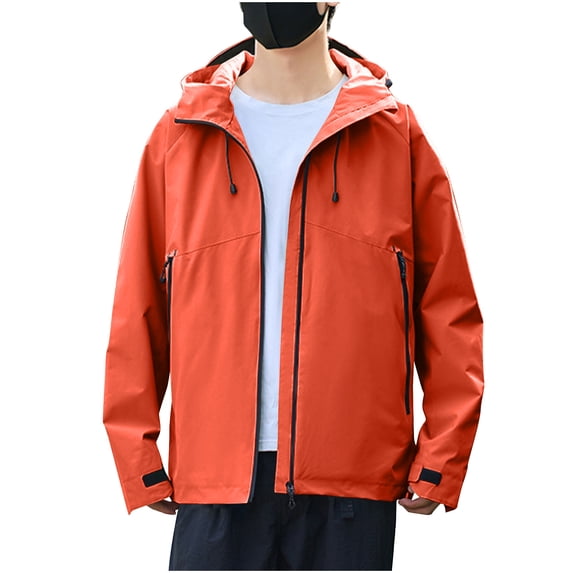 Mens Windbreaker Zip Front Windbreaker Jacket Fashion Solid Color Outdoor Hiking Long Sleeve Hooded Casual Outwear Jackets Orange XL