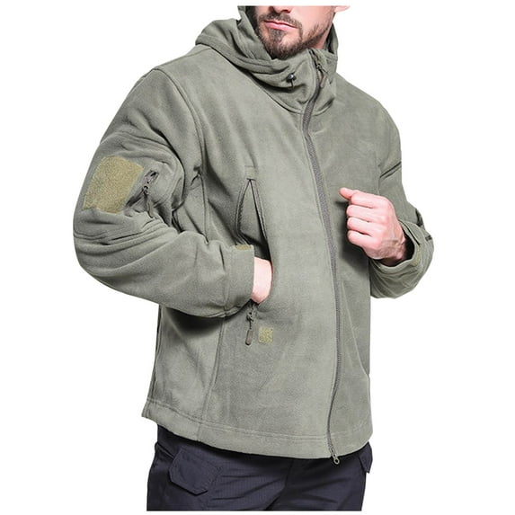 Mens Windbreaker Zip Front Windbreaker Jacket Man Solid-Color Plush Multi-Pocket Zipper Outdoor Sports Charging Warm Long Sleeve Hooded Outwear Jacket Army Green XL