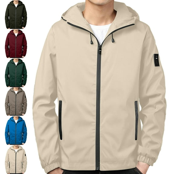 Mens Windbreaker Zip Front Windbreaker Jacket Solid Color Zipper Pocket With Velvet Long Sleeved Hooded Casual Jacket Beige L