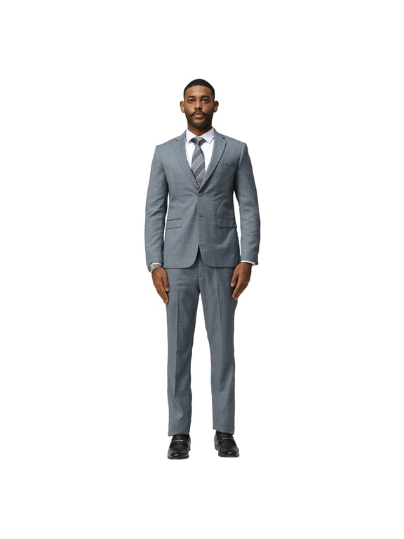 Mens Windowpane Plaid 3 Piece Suit Set Hybrid Fit Notch Lapel