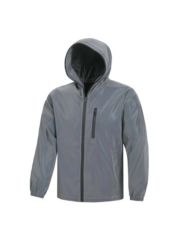 Mens Windproof Holographic Reflective Windbreaker Iridescent Full Zip Hooded Jacket for Rave Clubwear Streetwear Zip Pockets
