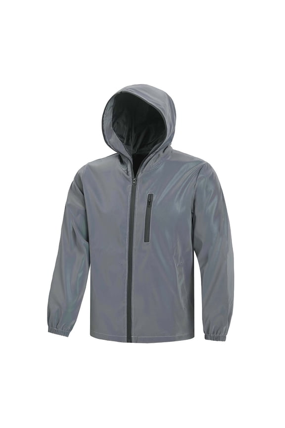 Mens Windproof Holographic Reflective Windbreaker Iridescent Full Zip Hooded Jacket for Rave Clubwear Streetwear Zip Pockets