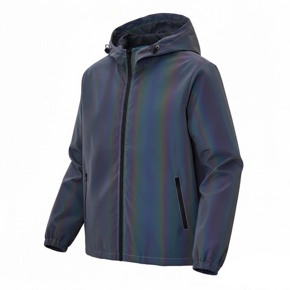 Mens Windproof Reflective Iridescent Color Shifting Hooded Windbreaker Jacket Nylon Full Zip Pockets for Rave Party Streetwear Y2K